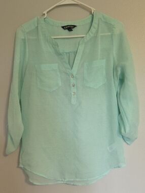 Express Light Mint Green Sheer Henley Tunic Blouse